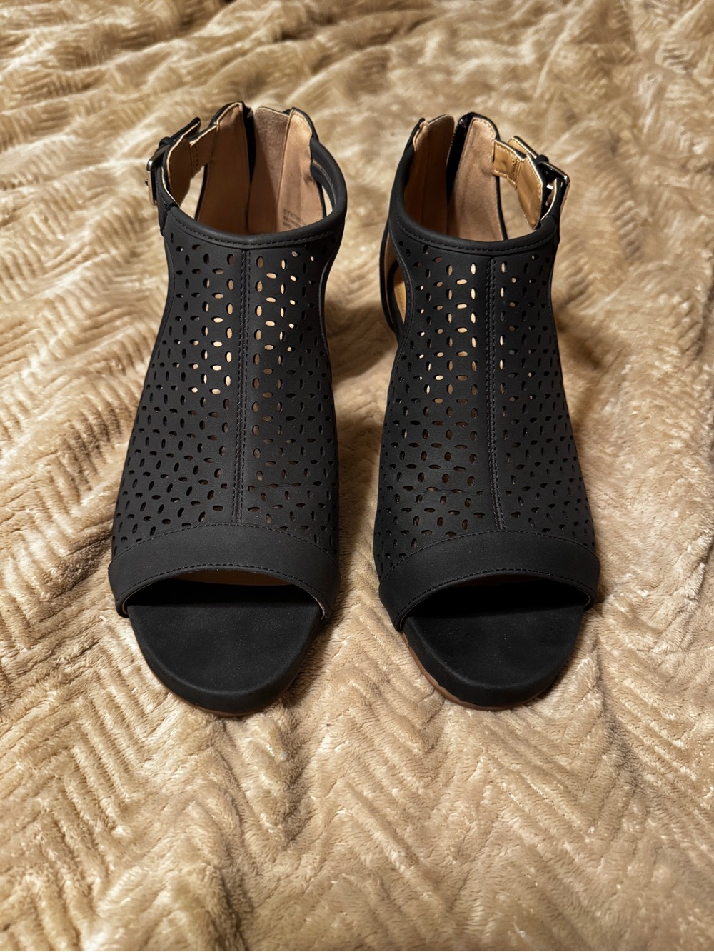Women's Black Perforated Peep-Toe Heels with Ankle Buckle